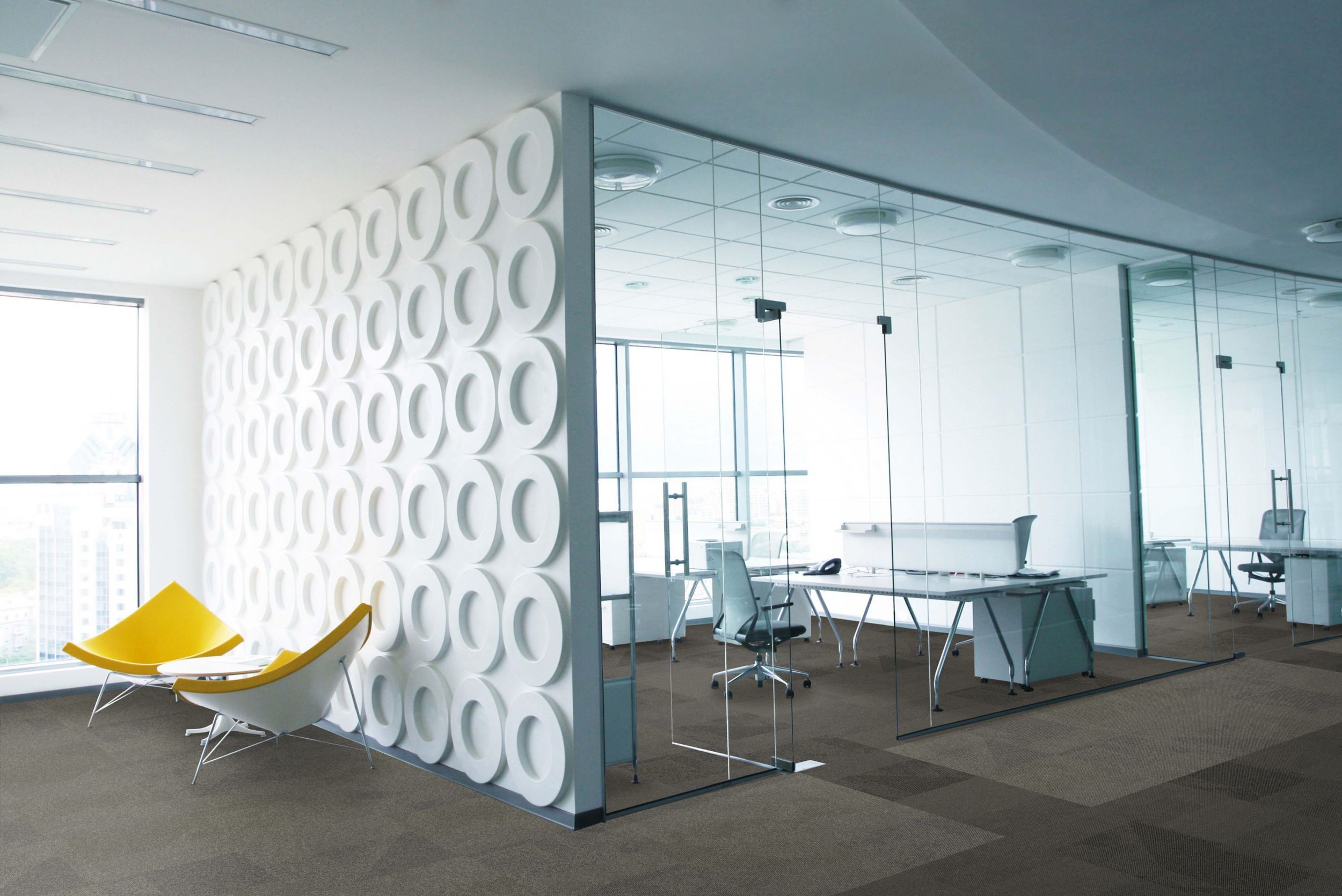 Interface Paver carpet tile in meeting room and corridor with two yellow chairs and patterned white wall image number 5